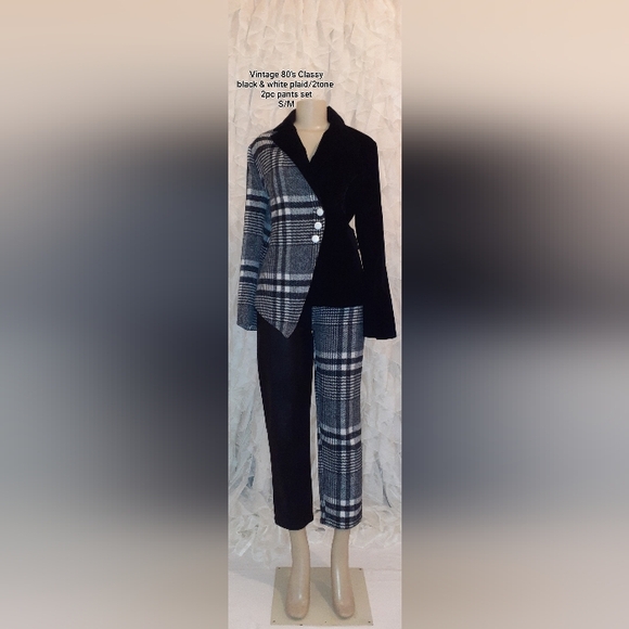 Vintage 80's Classy Black & White Plaid 2-Tone Pants Set
